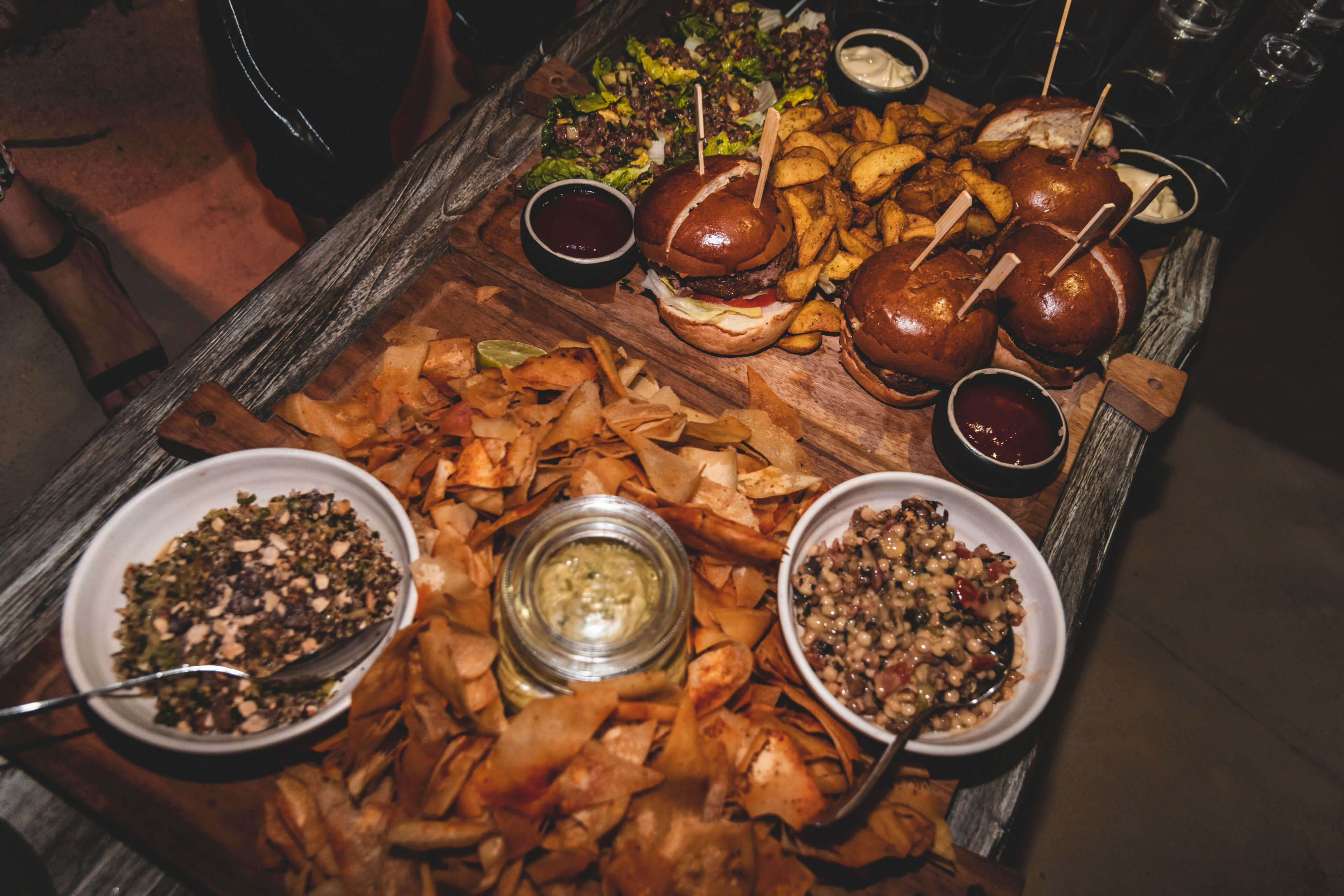 Tray of game day snacks and sides for the big game party.