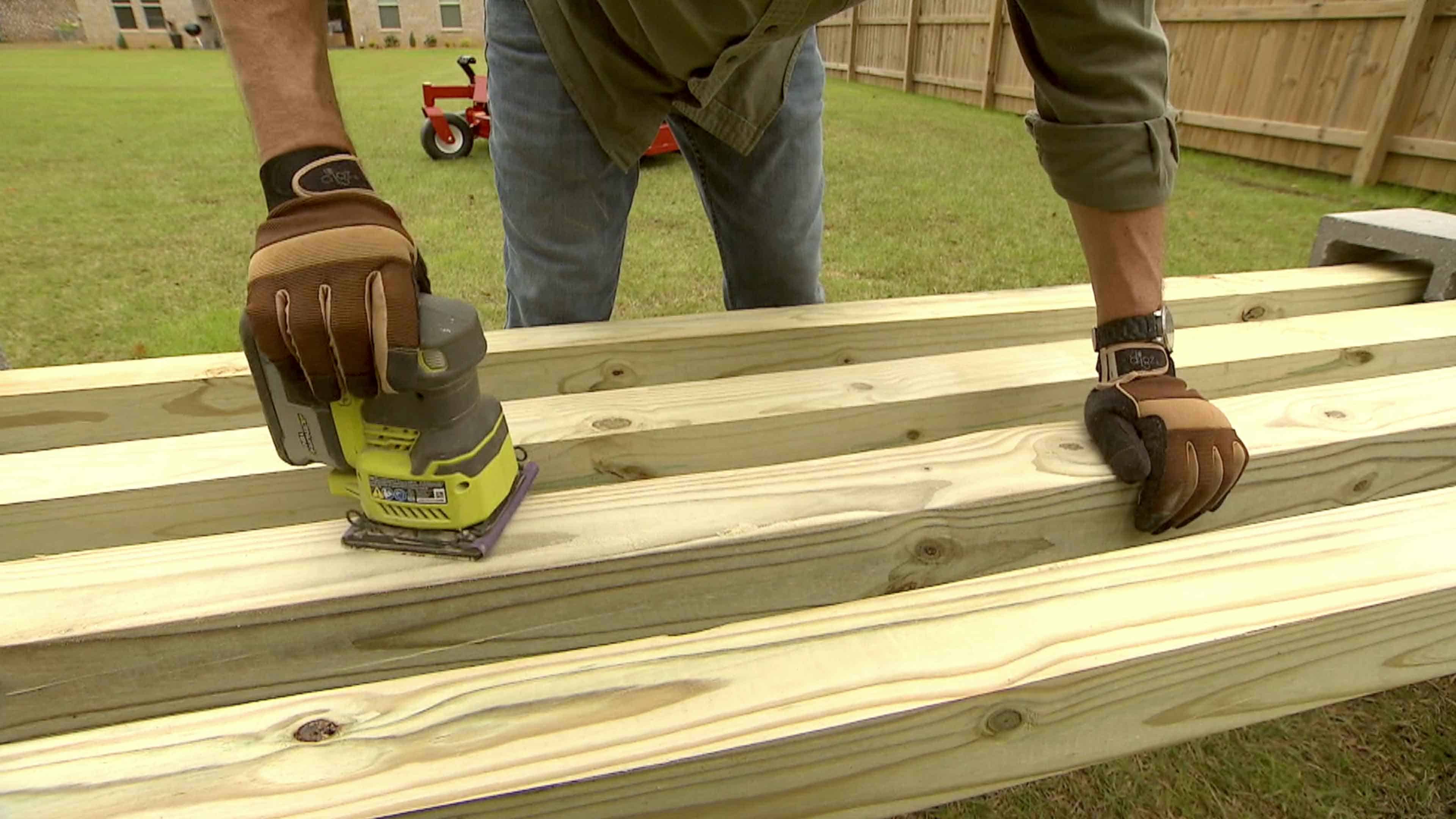 Cinder block bench timbers can be left natural or you can paint/stain.