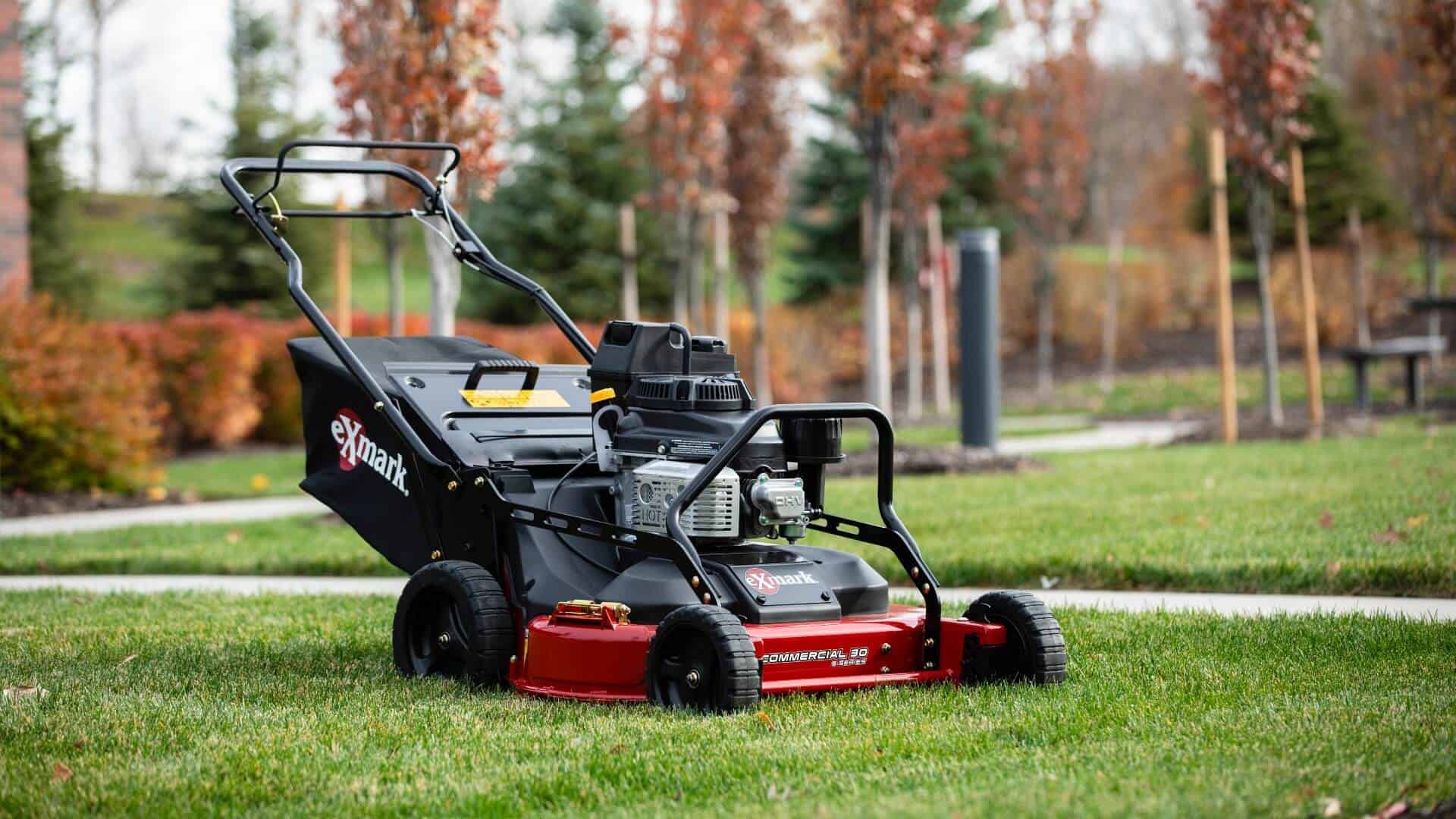 Exmark mower at the end of the season, ready for fall mower maintenance and winterizing