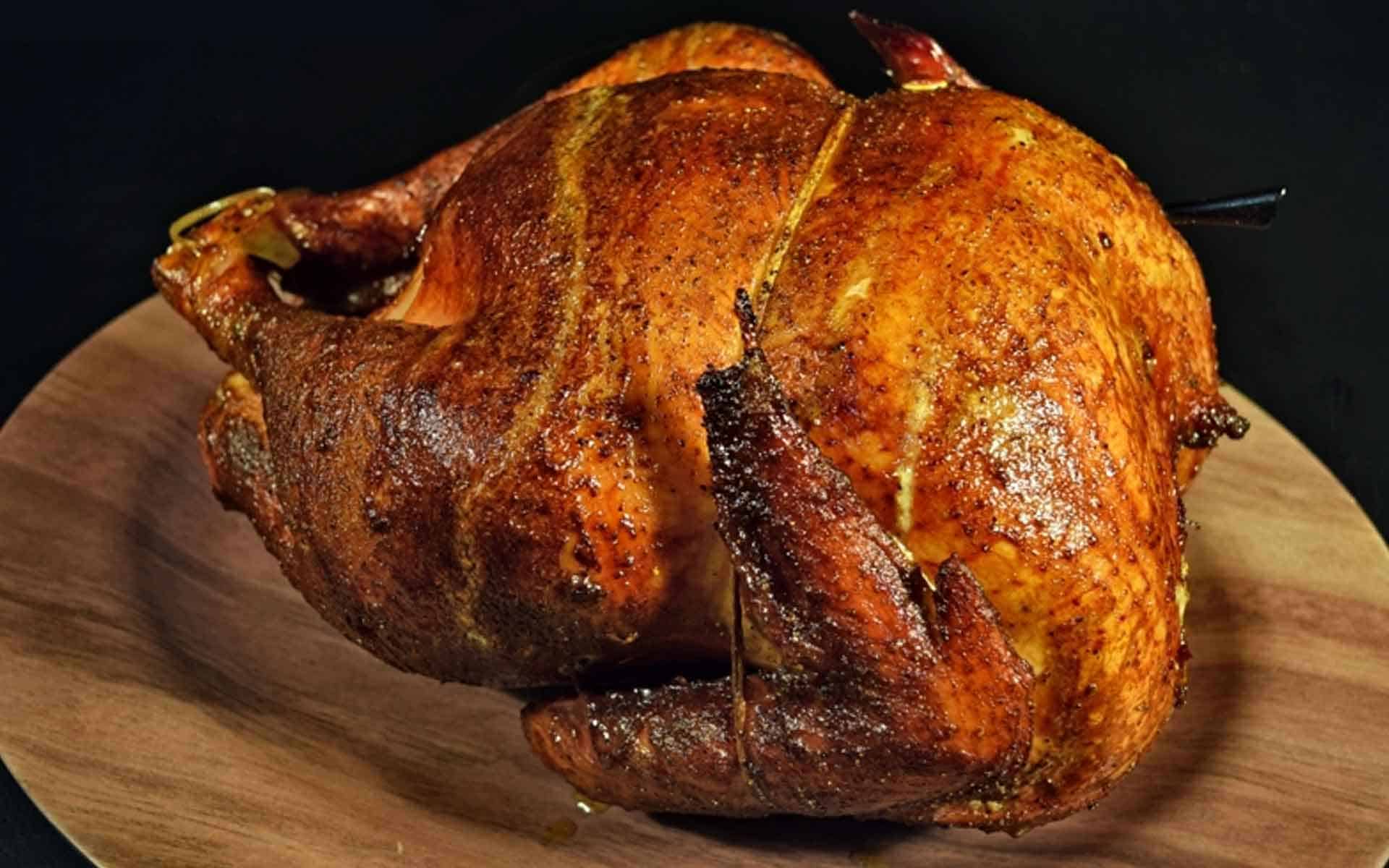 A beautiful turkey from our smoked turkey recipe.