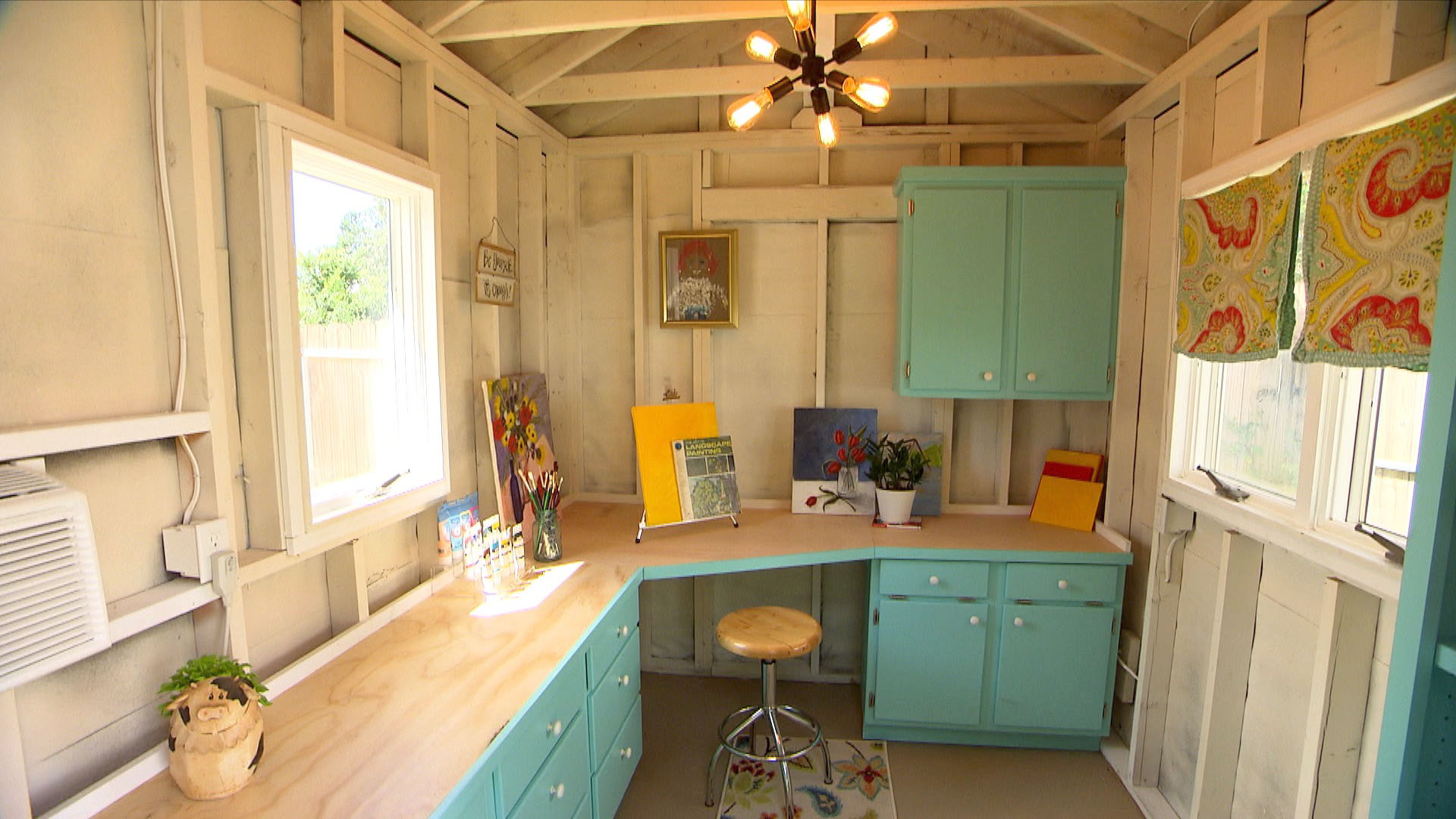 She Shed Interior with new counters and cabinets.
