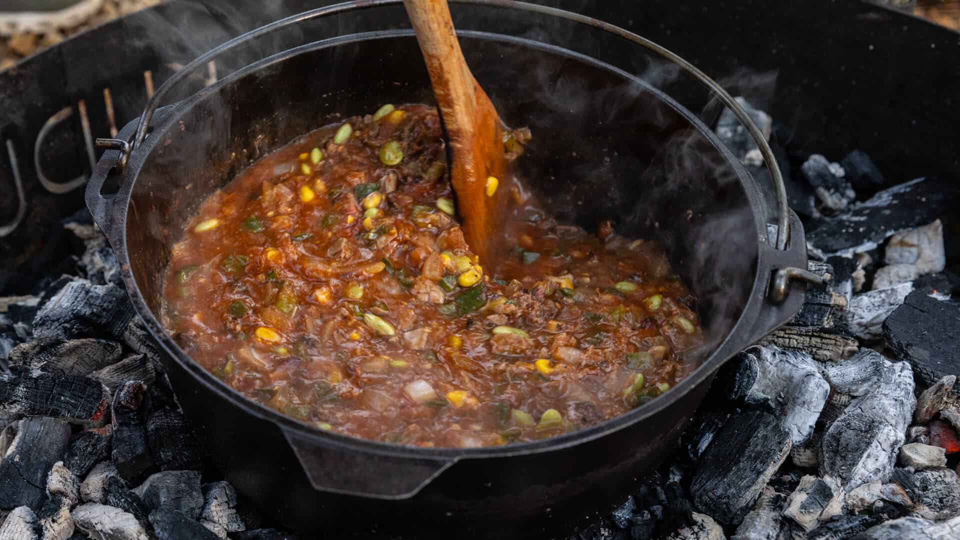 Cast iron pot with brunswick stew