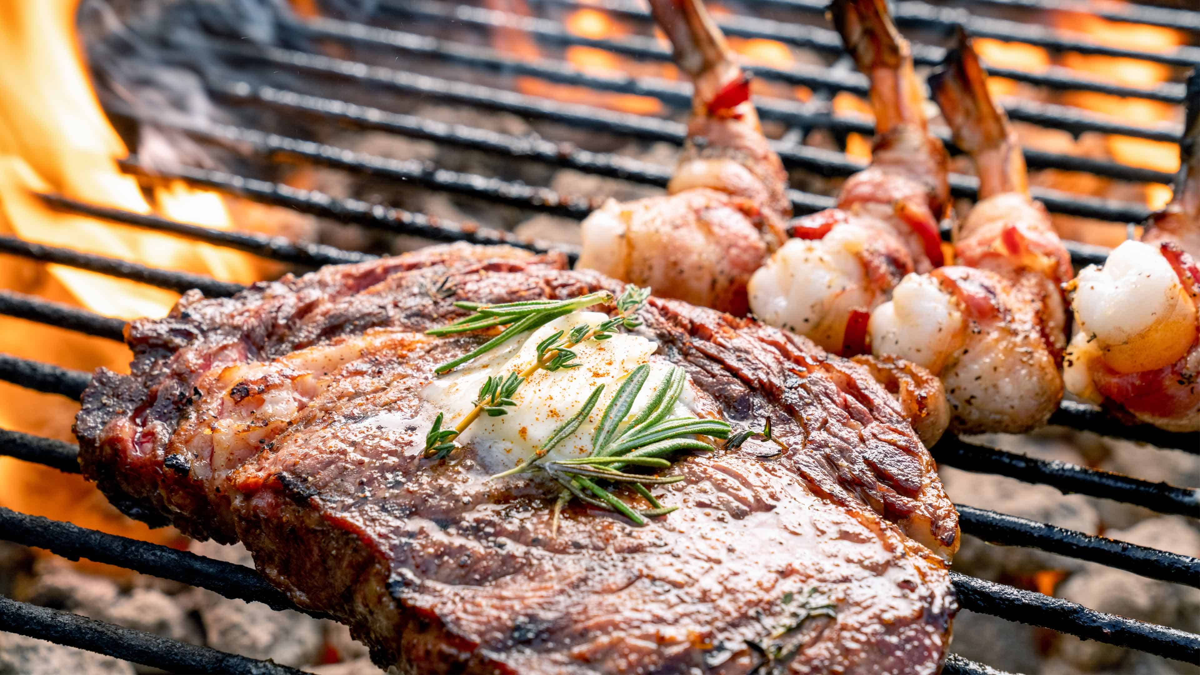 BBQ setup upgrade: Steak and shrimp on grill