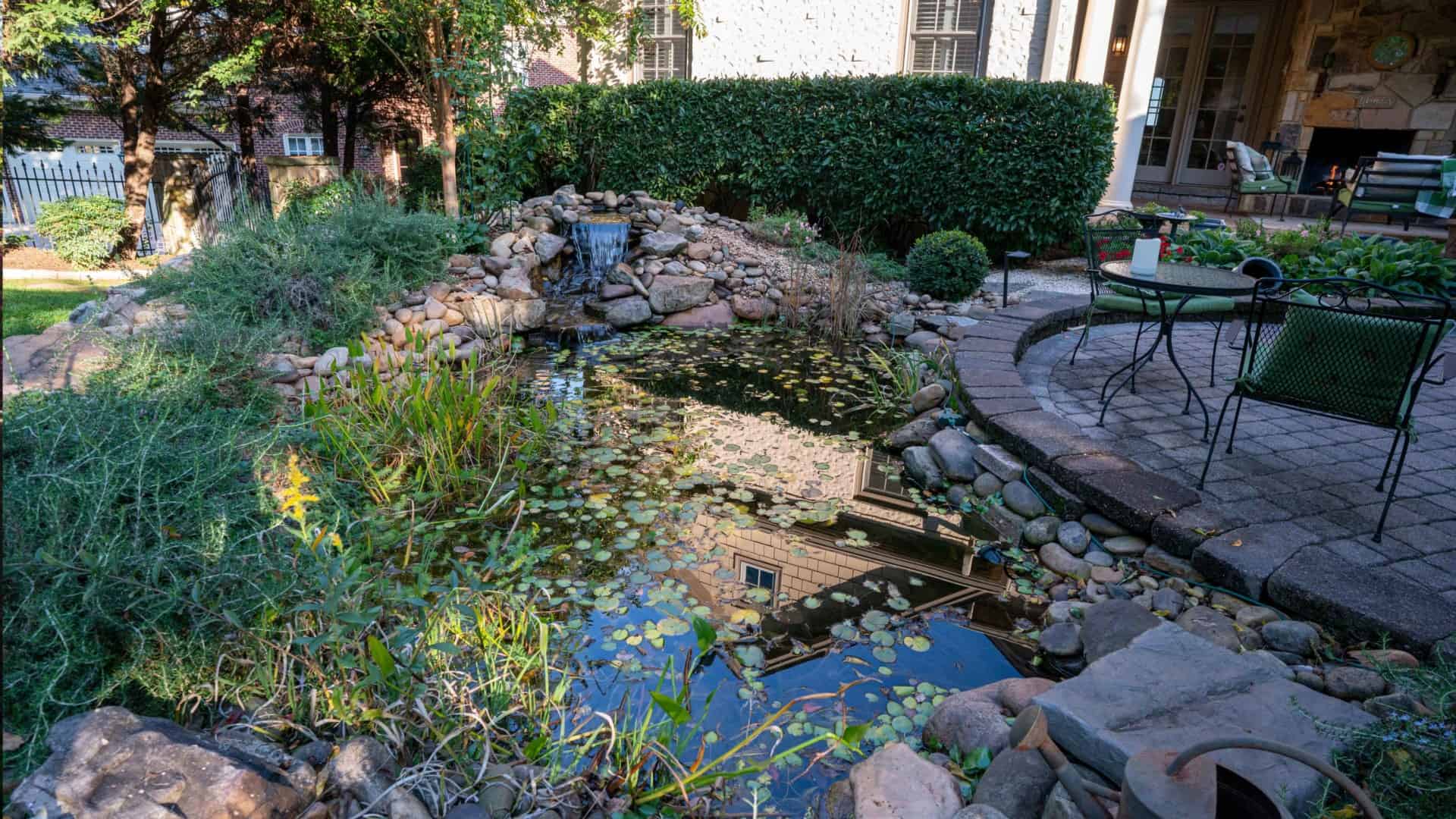Pond and water feature on backyard deck