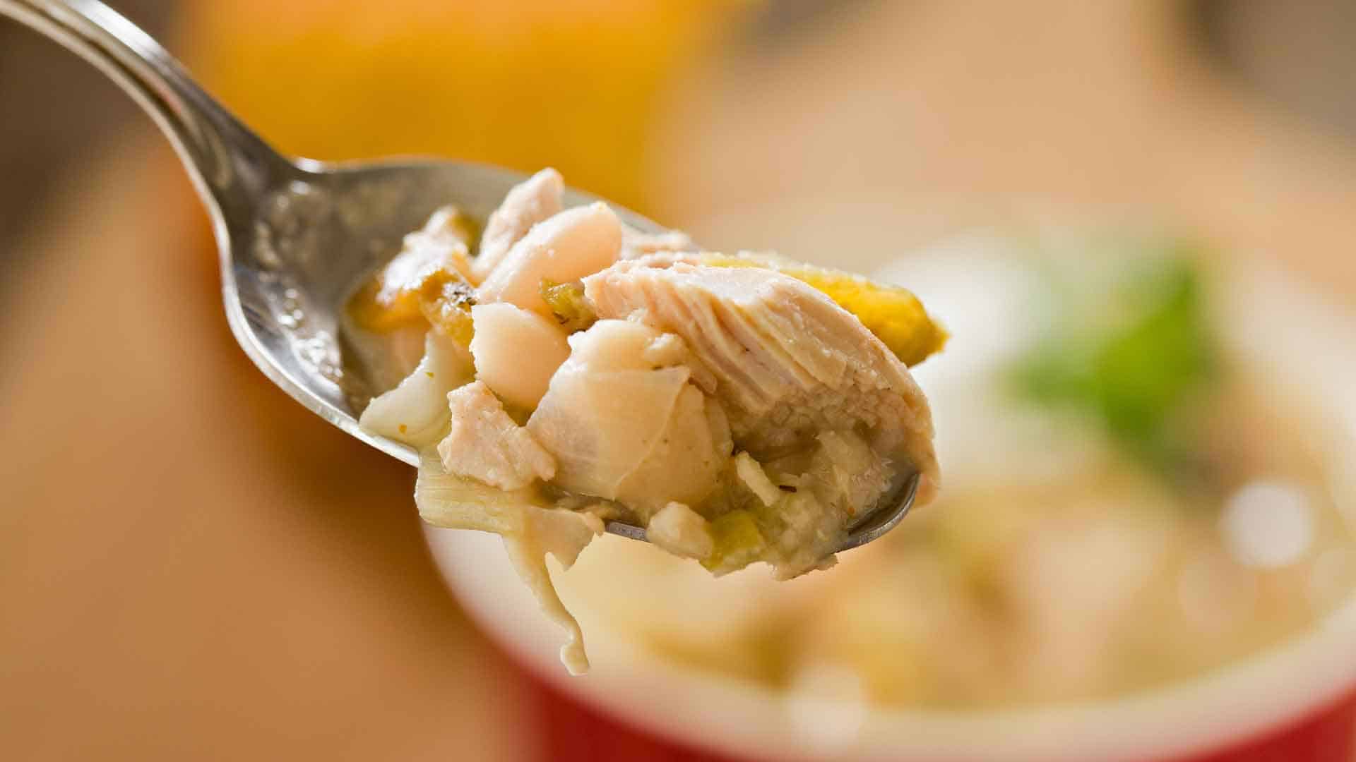 Spoonful of white chicken chili.