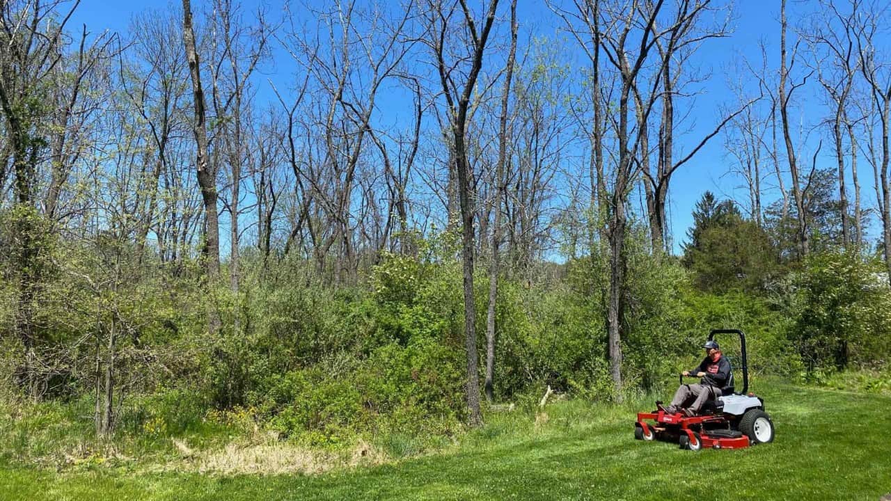Grae Buck mowing lawn