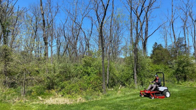 Grae Buck mowing lawn