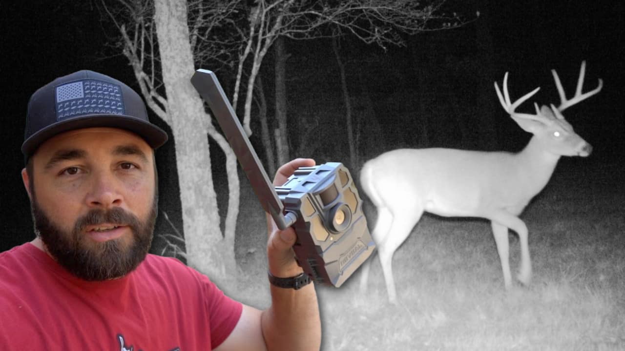 Man holding a trail camera with footage of a deer in background