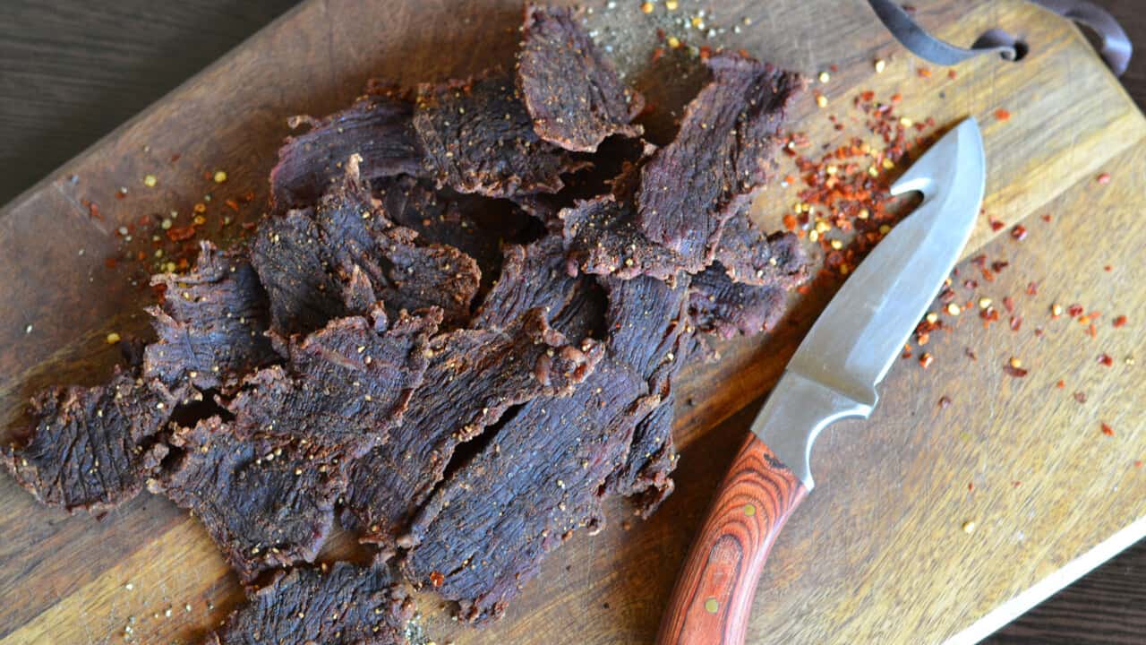 Smoked Venison/Deer jerky on cutting board