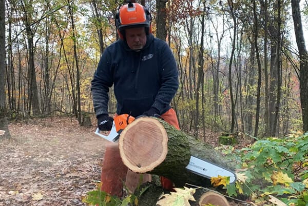 Mike cutting a log with a chainsaw