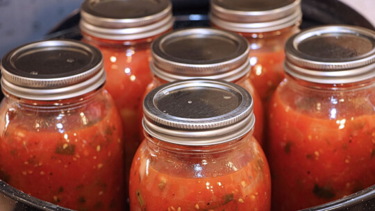Mason jars of salsa