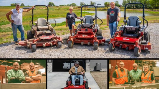 A collage of Cam Jurgens, and his dad and grandmother, standing next to Exmark zero-turn mowers