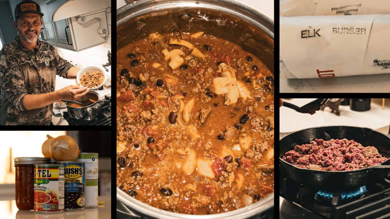 Collage featuring Michael Waddell, pot of elk chili, and the ingredients