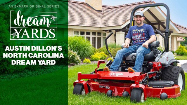 Austin Dillon sitting on an Exmark mower