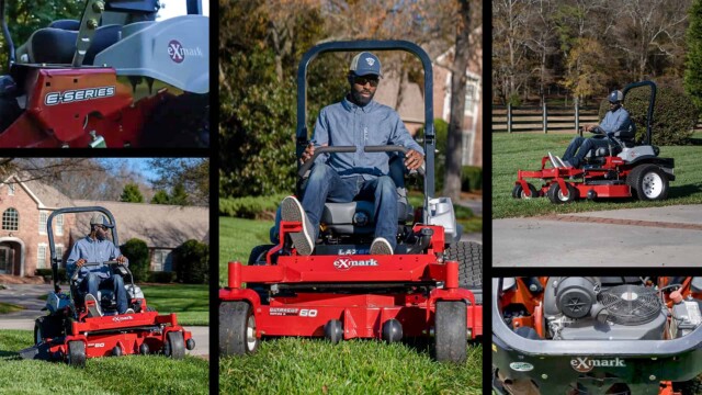 Collage of Brian Latimer mowing with his Exmark Zero-turn