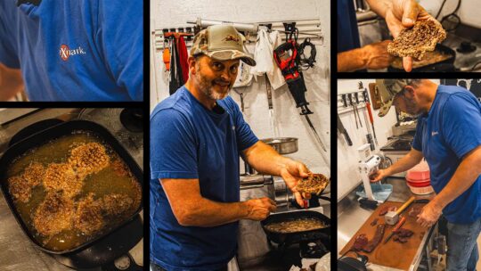 Collage of Michael Waddell cubing and frying deer cube steak recipe